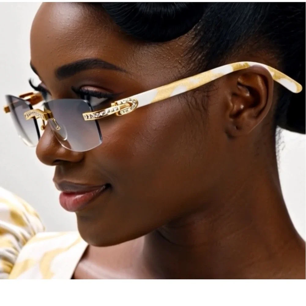 Rimless Sunglasses Gold‎ Diamond Accents Fashion Clear Eyewear Women Gafas Mujer